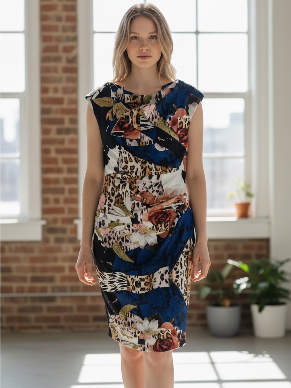 Joseph Ribkoff Blue Floral & Leopard Print Sheath Dress